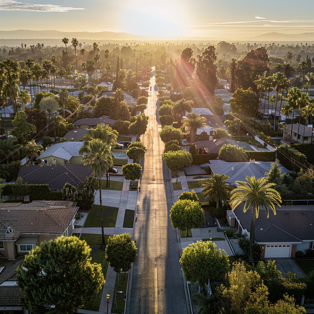 Aerial drone view of a Los Angeles suburban neighborhood