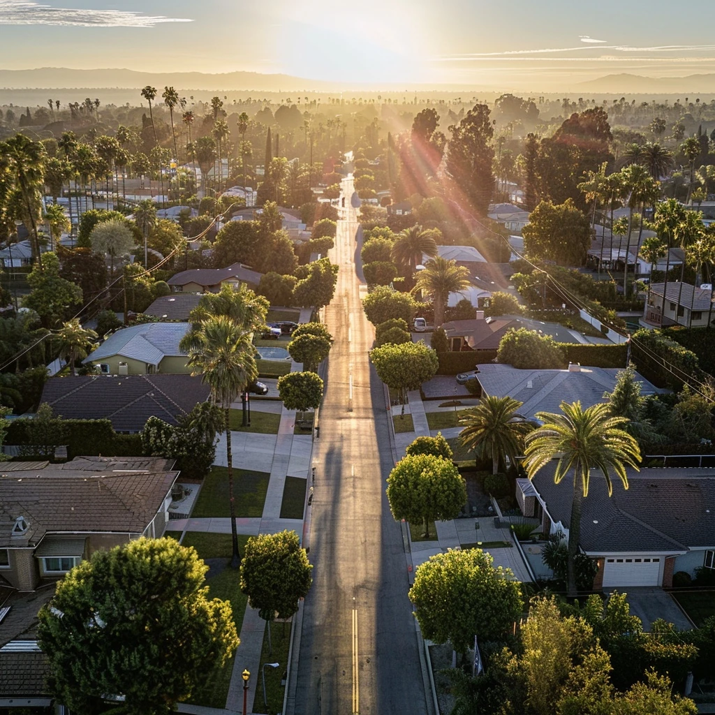 Aerial drone view of a Los Angeles suburban neighborhood