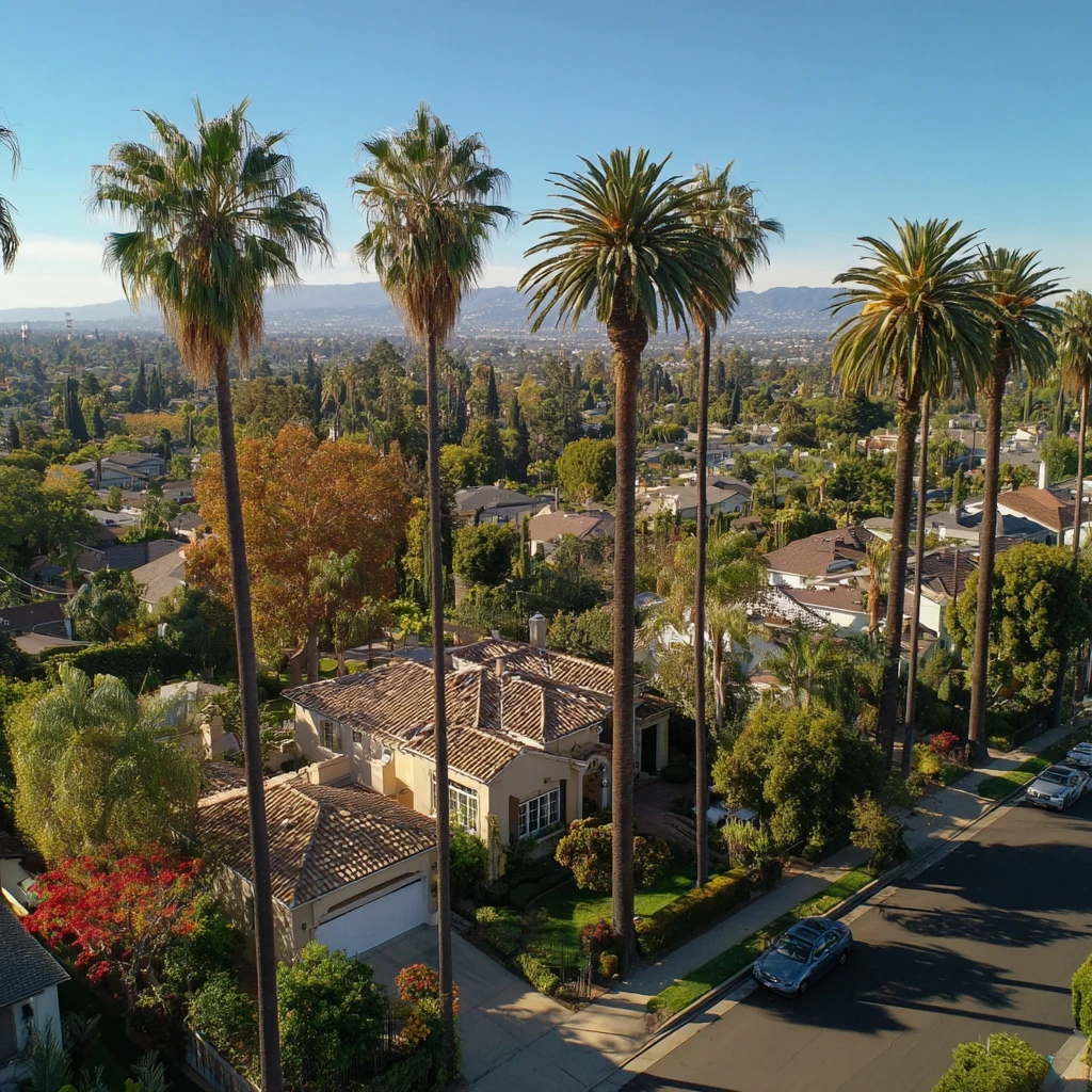 Aerial drone view of a Los Angeles home with palm trees