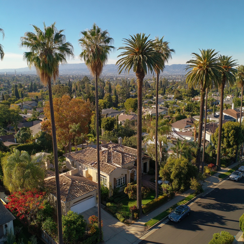 Aerial drone view of a Los Angeles home with palm trees