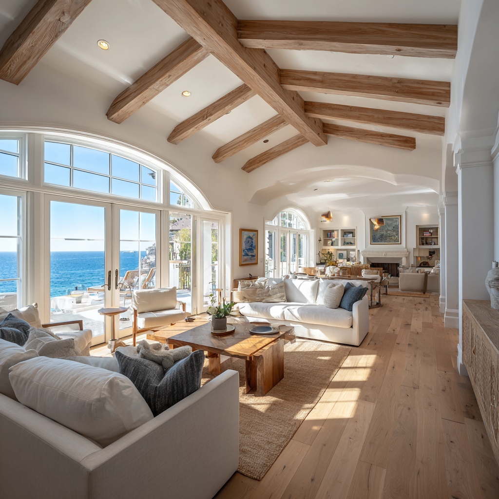 Malibu living room with ocean view and wood beam ceiling