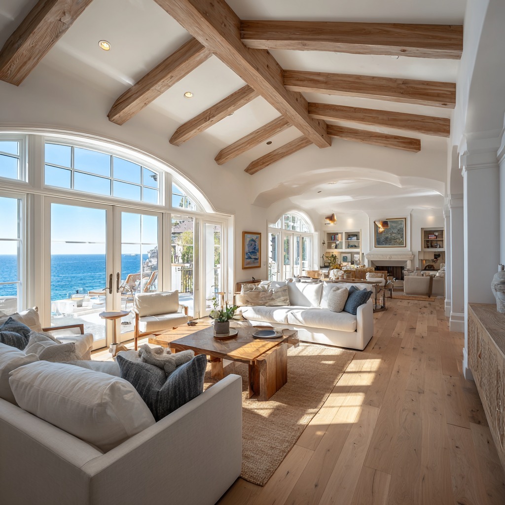 Malibu living room with ocean view and wood beam ceiling
