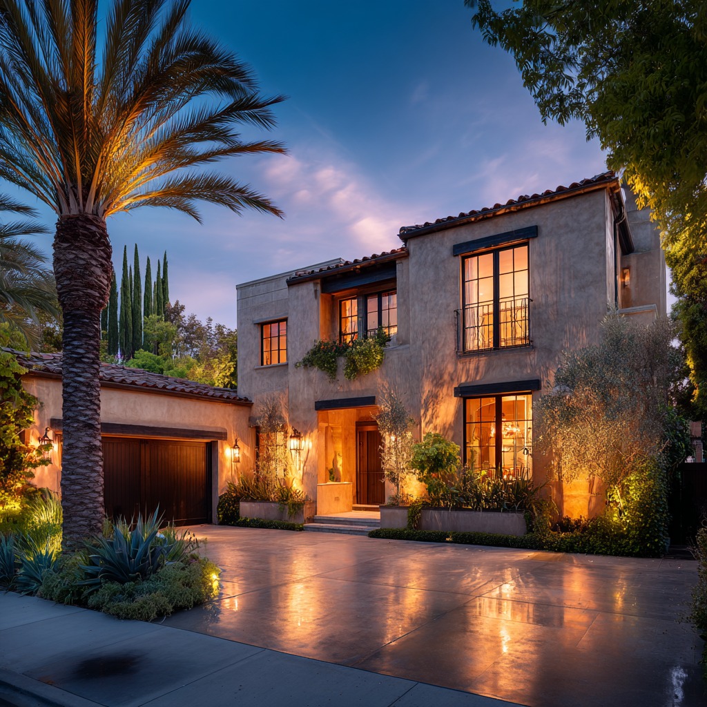 Mediterranean-style home facade lit at twilight