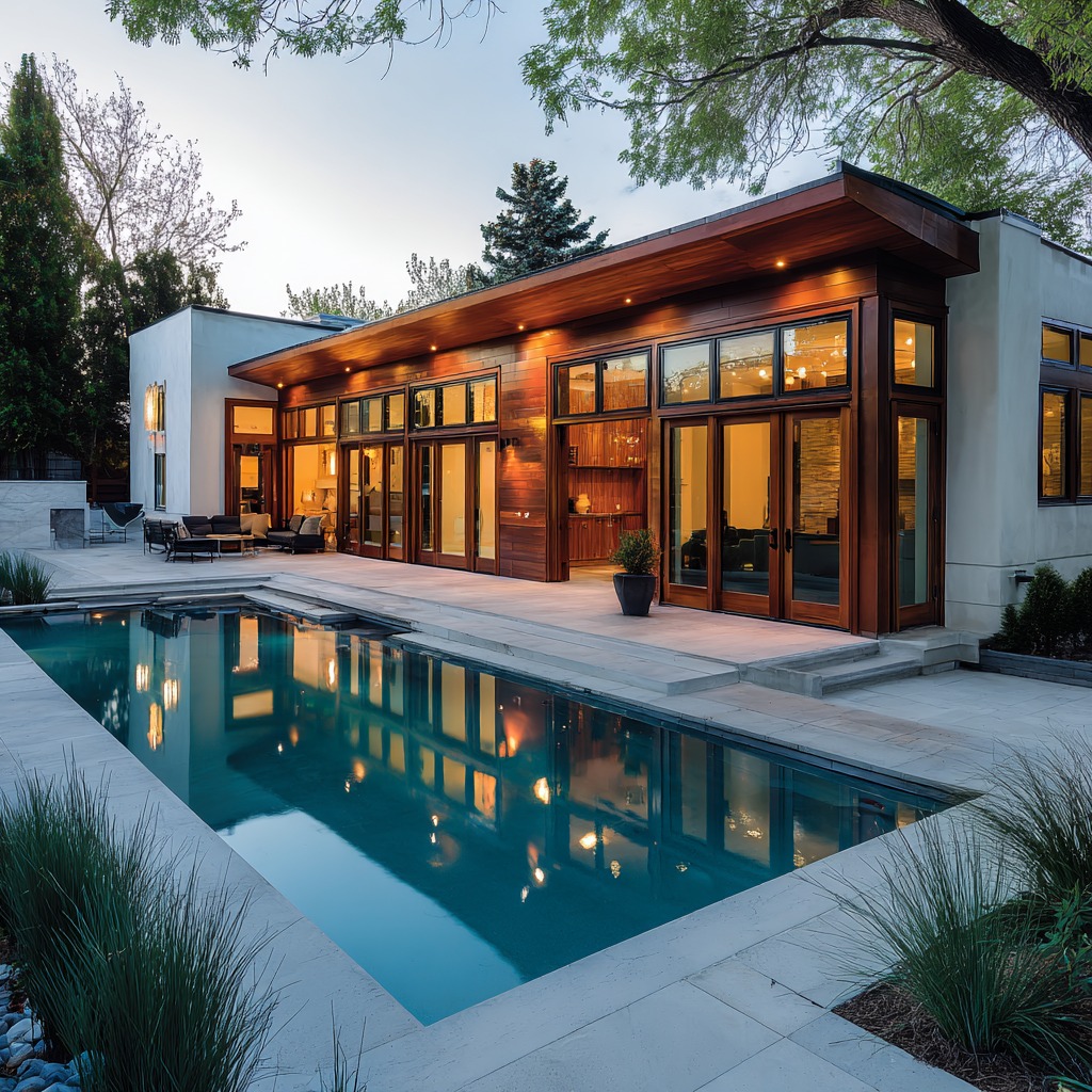 Modern home exterior with lit pool at dusk