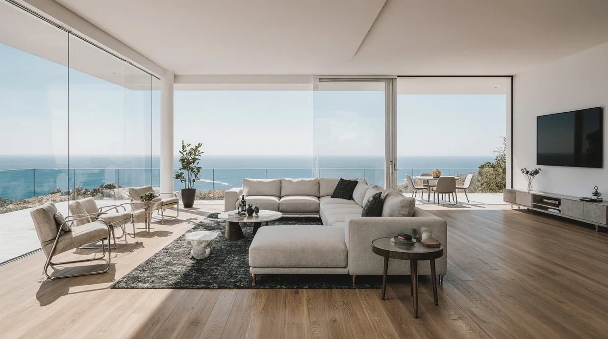 Modern living room interior with ocean view
