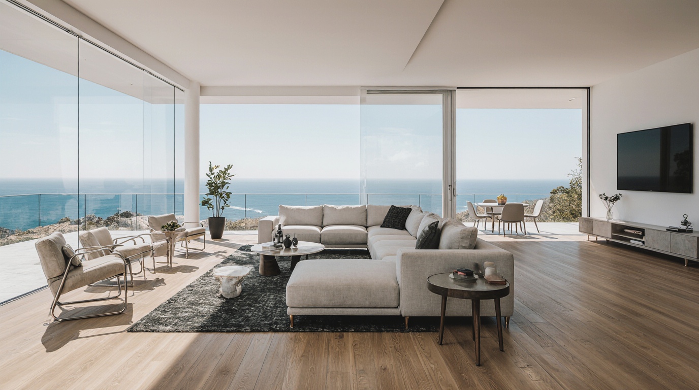 Modern living room interior with ocean view