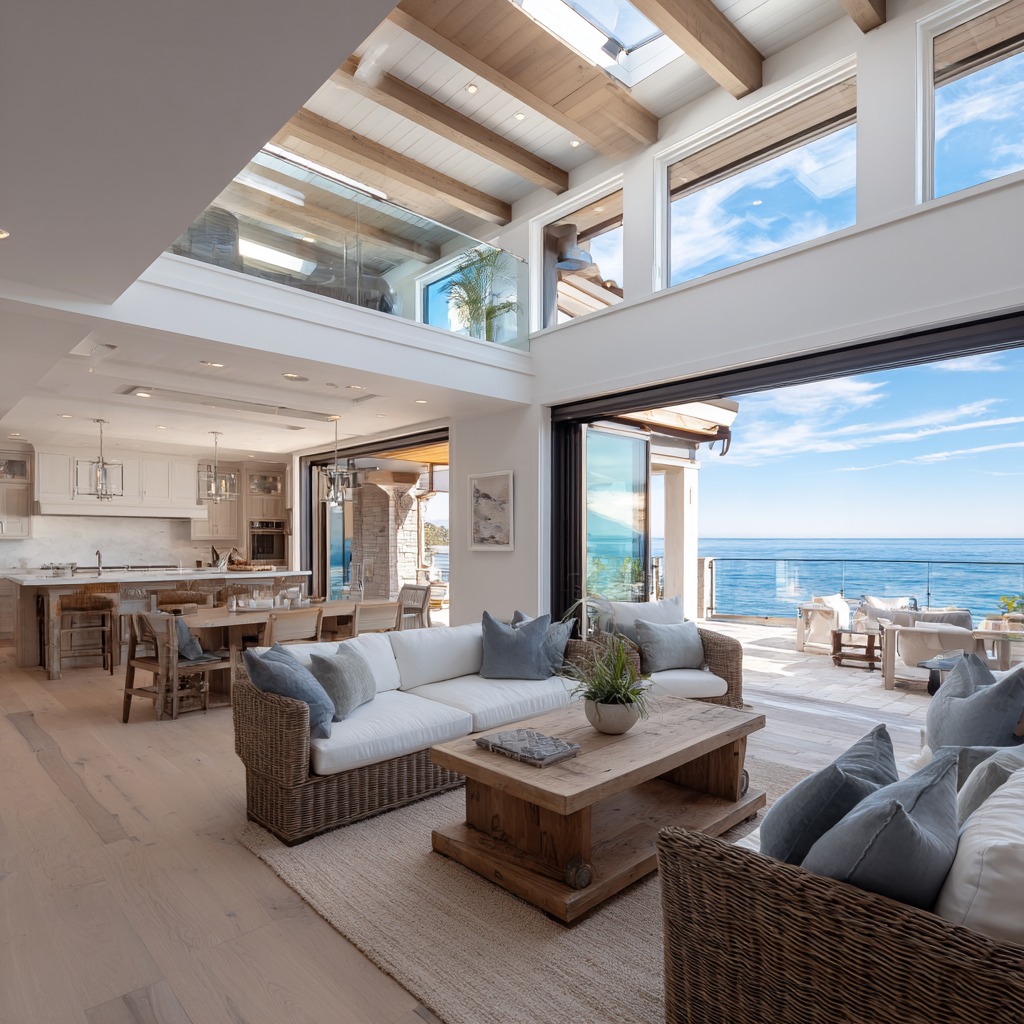 Open kitchen and living area with ocean view