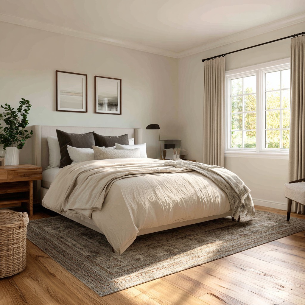 Primary bedroom interior with light fabrics