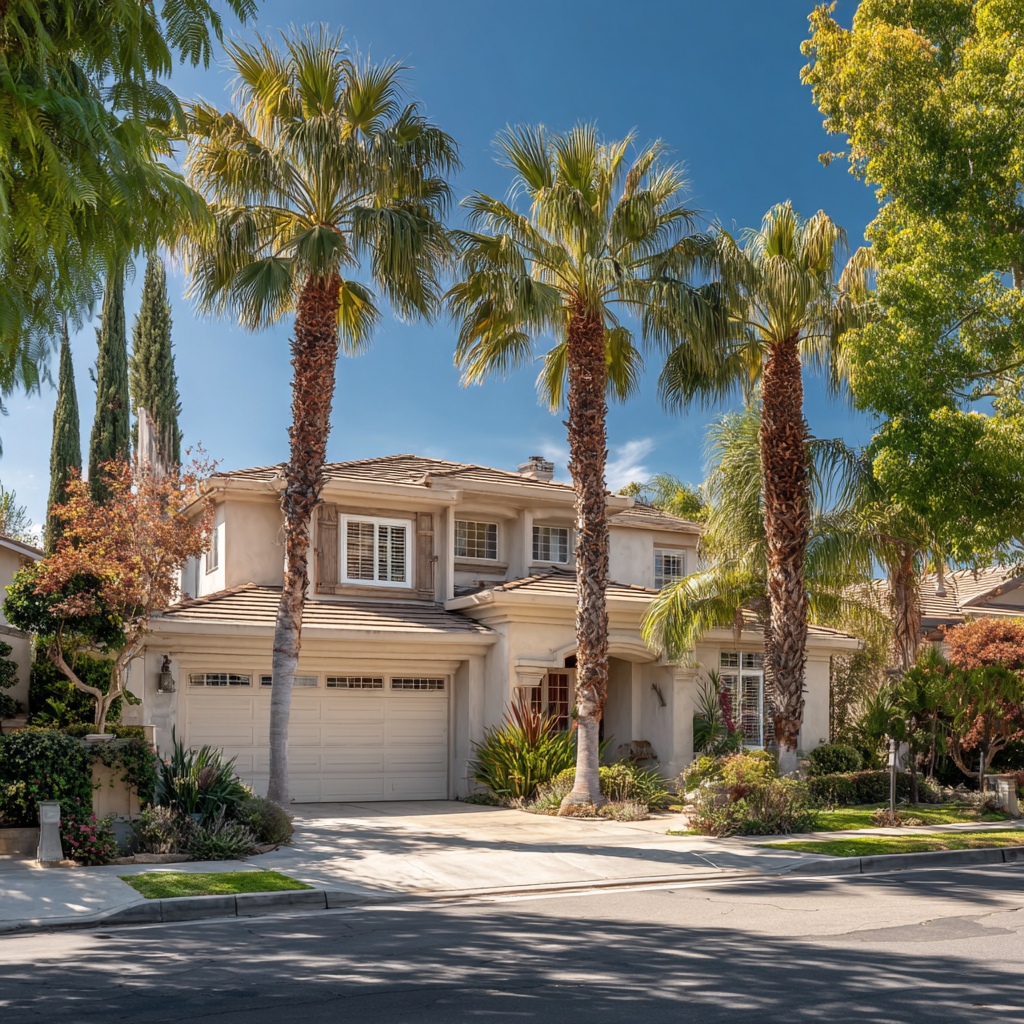 Spanish-style home exterior with palm trees