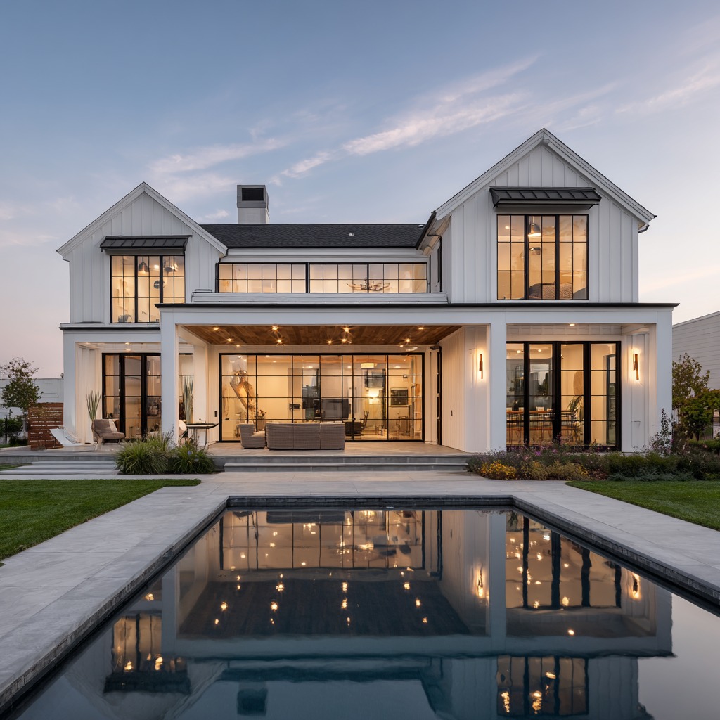 Twilight exterior of a modern farmhouse-style home with pool